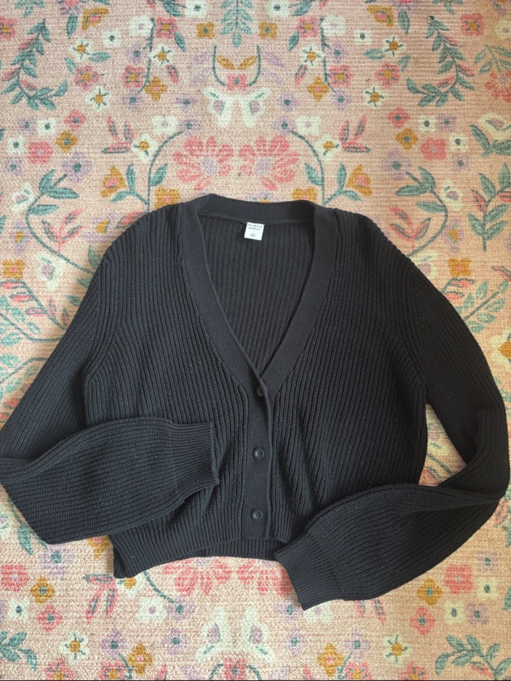 Black Cropped Rib-Knit Button Cardigan Sweater